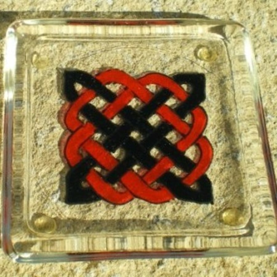 Square Glass Coaster with Red and Black Celtic Knot