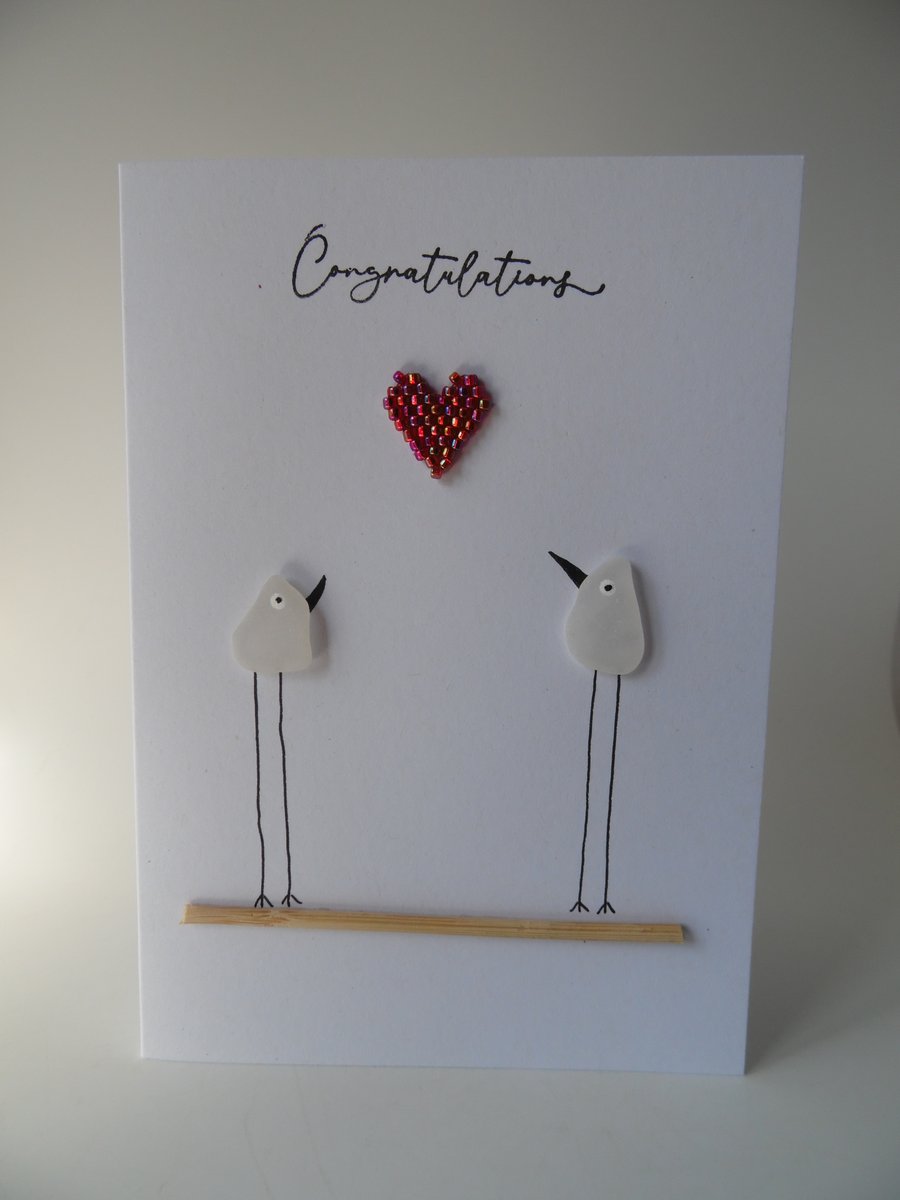 Sea Glass Birds Red Heart Congratulations Wedding Engagement Baby Card C431