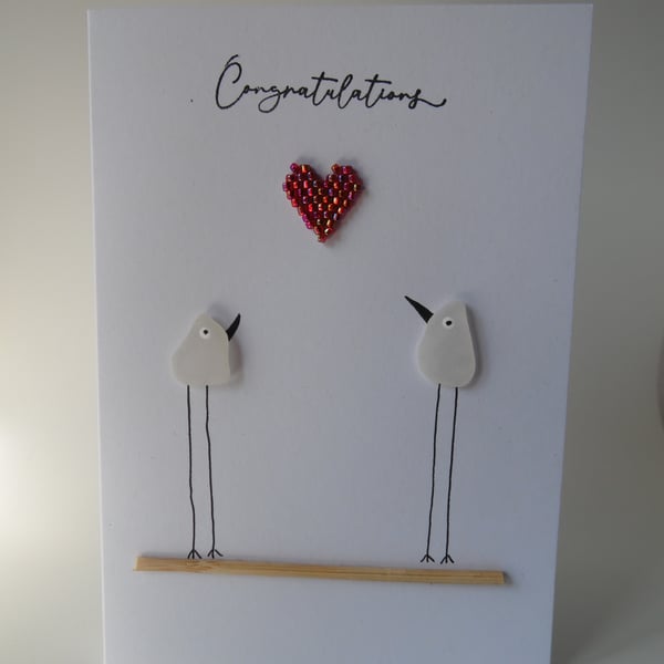 Sea Glass Birds Red Heart Congratulations Wedding Engagement Baby Card C431