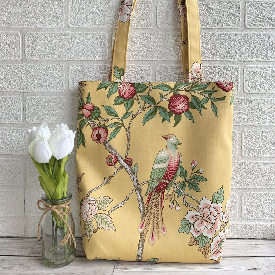 Exotic bird and floral print fabric tote bag