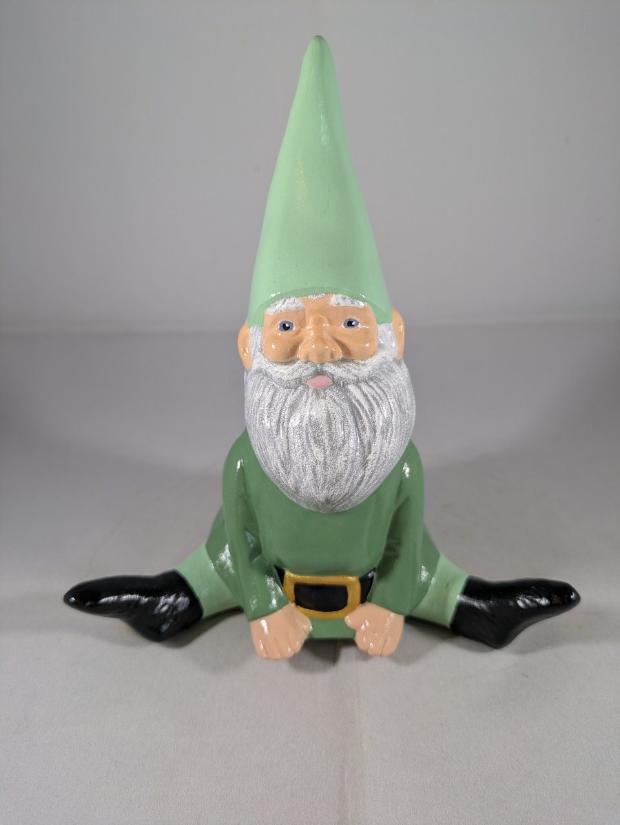 Small Ceramic Sitting Green Garden Gnome Figurine Ornament Decoration.