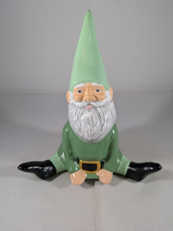 Small Ceramic Sitting Green Garden Gnome Figurine Ornament Decoration.