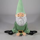 Small Ceramic Sitting Green Garden Gnome Figurine Ornament Decoration.