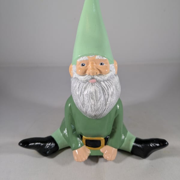 Small Ceramic Sitting Green Garden Gnome Figurine Ornament Decoration.
