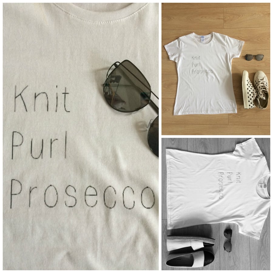 Slogan T-Shirt White Knit Purl Prosecco for Knitters Novelty Gift
