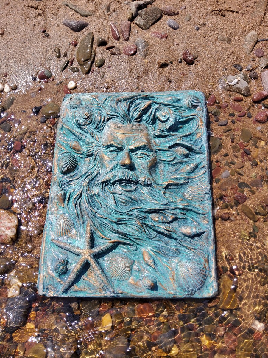 Neptune green man of the sea hand made sculpture wall hanging.