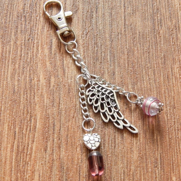SALE Silver Angel Wing and Purple Glass Bead Journal, Bag Charm