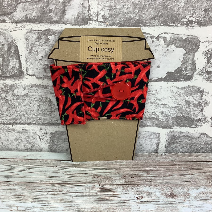 Chillis Cup cosy, Chilli peppers cup cozy, Mug sleeve, Handmade