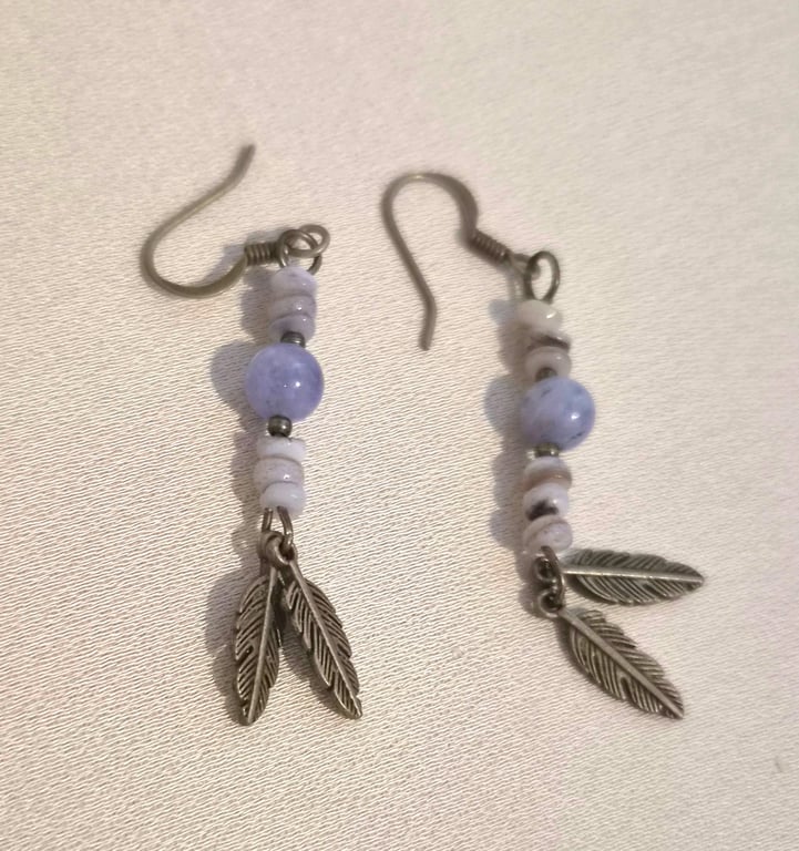 Boho Lilac Beads with Double Bronze Feather Drop Earrings 