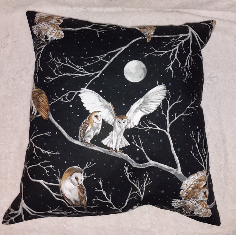 Beautiful Barn owls on a tree in the midnight sky cushion ( very rare)