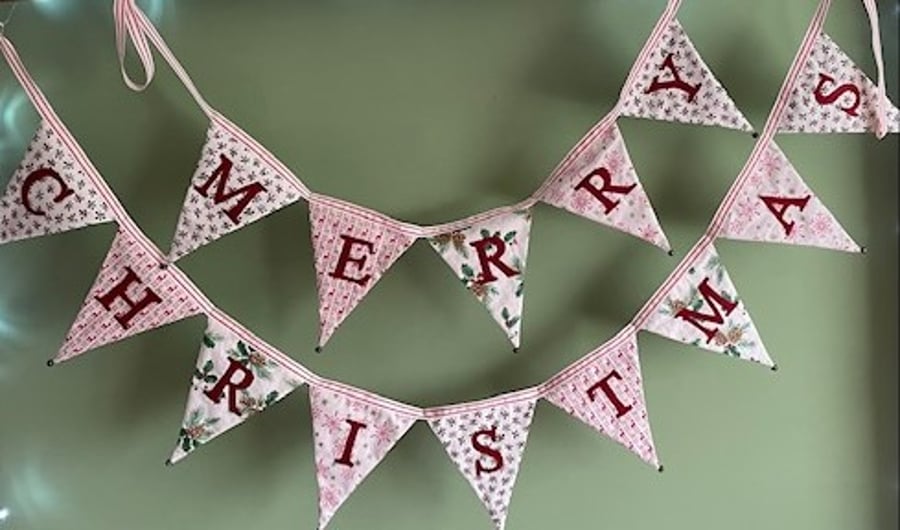 Holly berry, snowflake and reindeer 'Merry Christmas' fabric bunting - free p&p