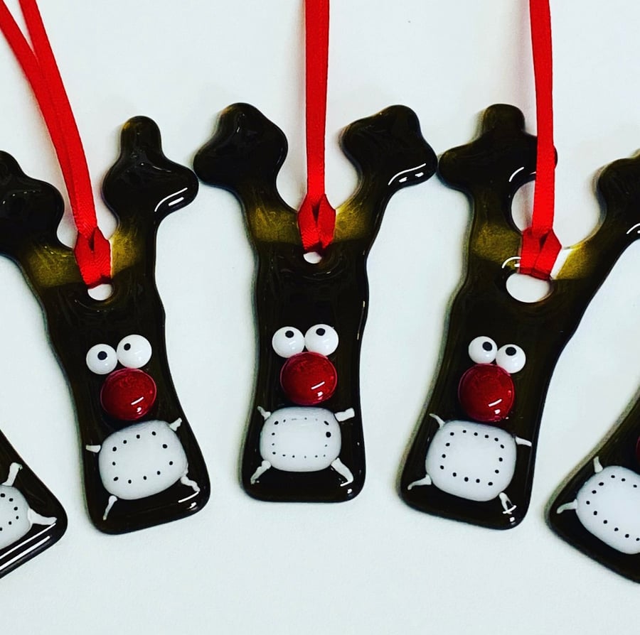 Fused glass quirky reindeer hanging Christmas decoration 
