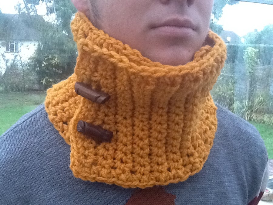 Colonel Mustard!  Chunky Woolen Neck Cosy, or Scarlet with vintage buttons!