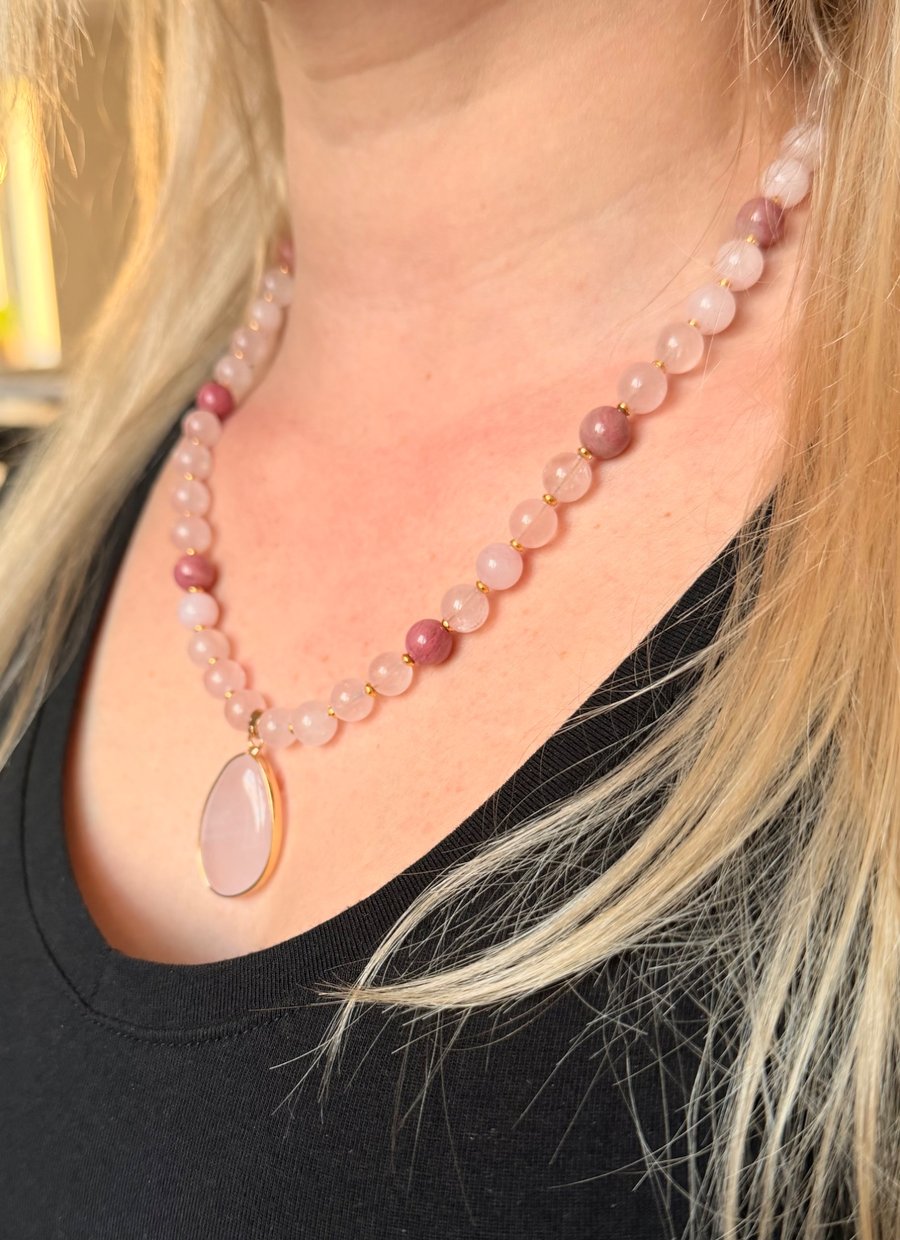 Rose Quartz & Rhodonite Necklace, Handmade Gemstone Jewellery