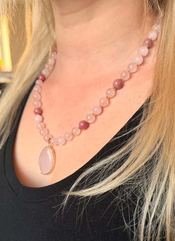 Rose Quartz & Rhodonite Necklace, Handmade Gemstone Jewellery