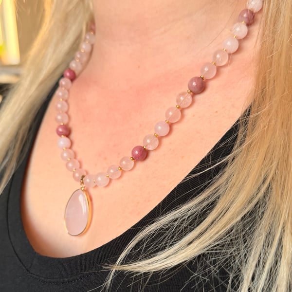Rose Quartz & Rhodonite Necklace, Handmade Gemstone Jewellery