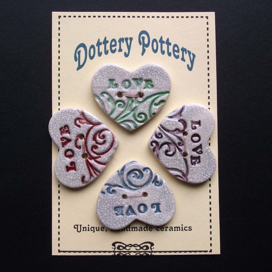 set of four crackled ceramic heart buttons