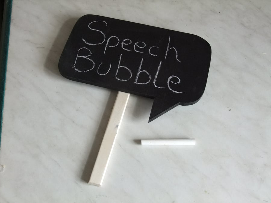 Chalkboard speech bubble with handle for party, celebration, wedding fun.