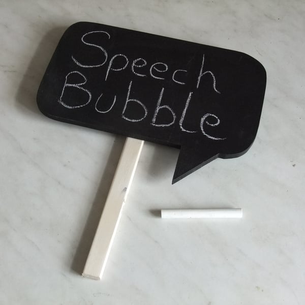 Chalkboard speech bubble with handle for party, celebration, wedding fun.