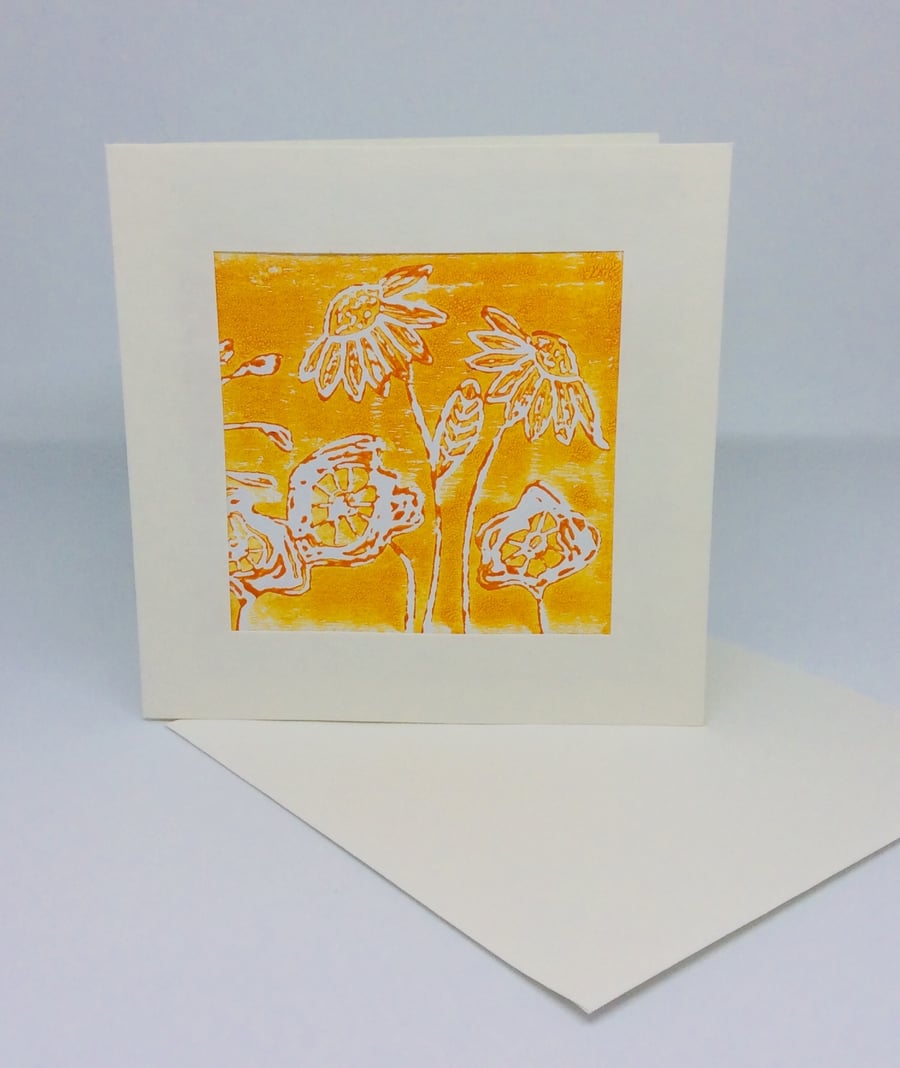 Card, linoprint, original art, orange, floral 