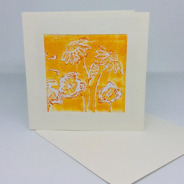 Card, linoprint, original art, orange, floral 