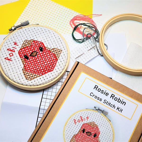 Rosie Robin Cross Stitch Kit craft kits, garden birds, sewing gifts, needlecraft
