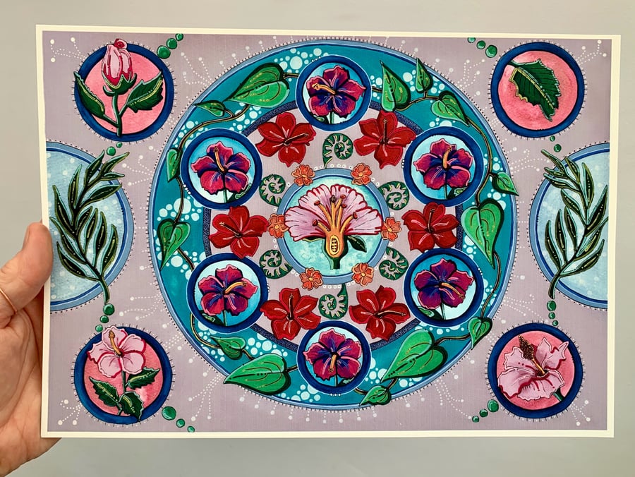 Art print -The hibiscus flower mandala. Art work. Art. Hand drawn. Botanicals.