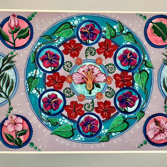 Art print -The hibiscus flower mandala. Art work. Art. Hand drawn. Botanicals.
