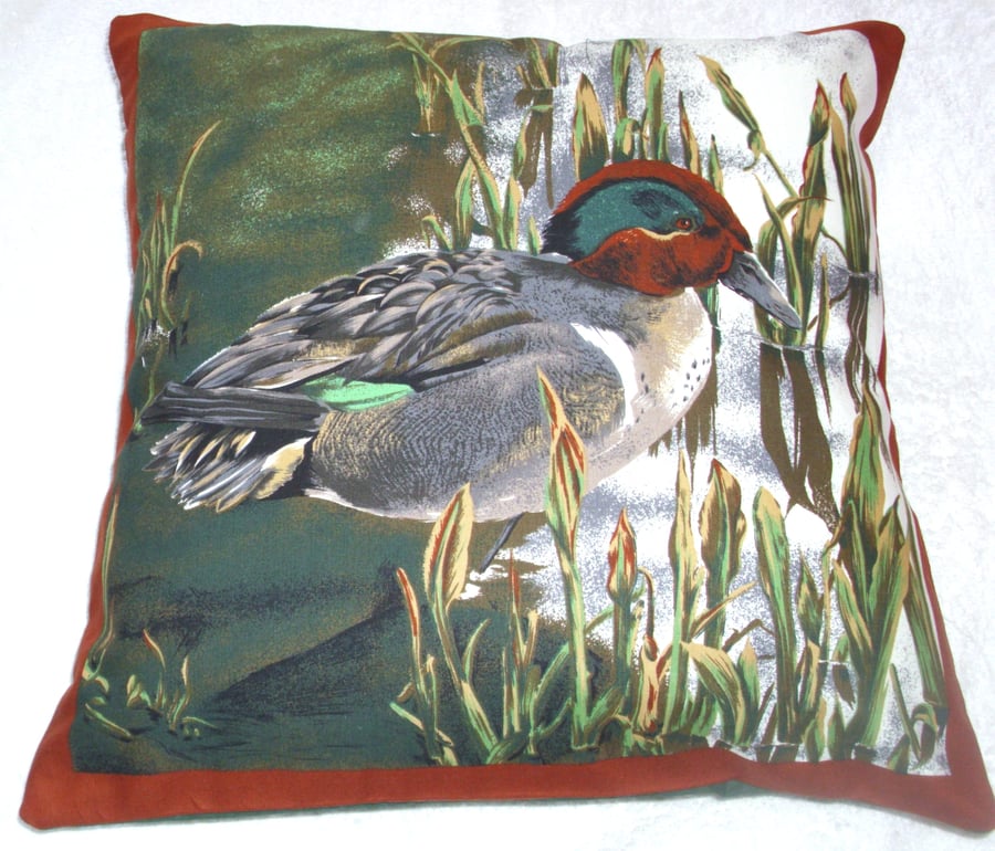 A Duck (Teal) standing by waters edge cushion