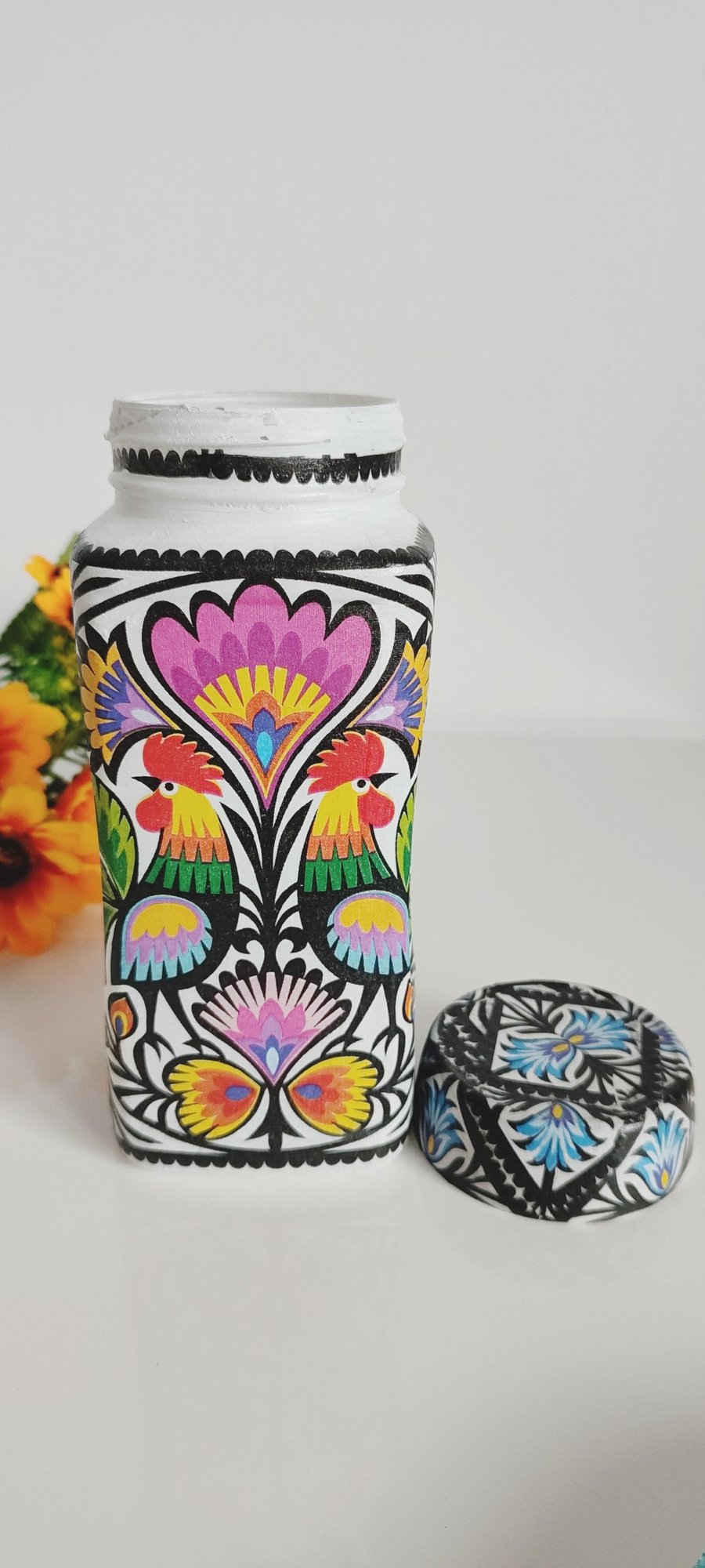 Glass Vase for flowers Roosters decorated and handpainted Jar