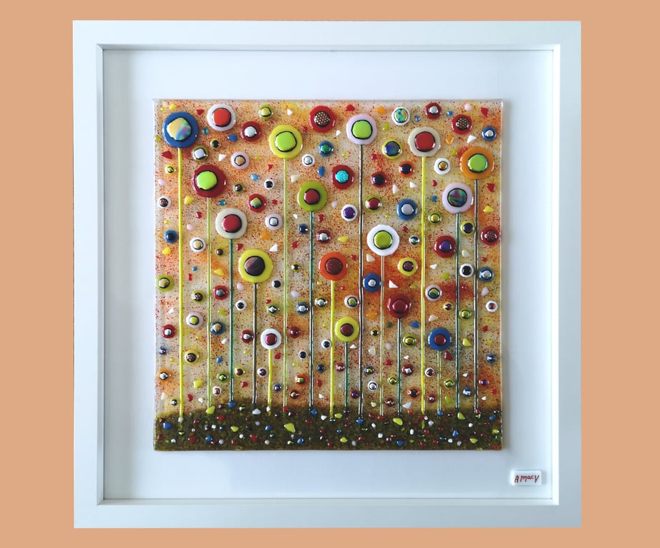 HANDMADE FUSED GLASS 'IN THE GARDEN' PICTURE.