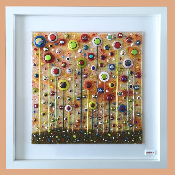 HANDMADE FUSED GLASS 'IN THE GARDEN' PICTURE.