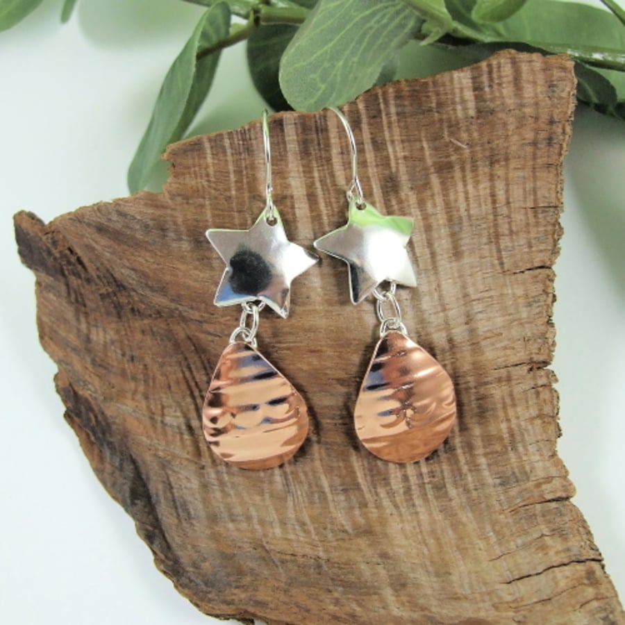 SECONDS SUNDAY - Earrings, Sterling Silver Star and Patterned Copper Droppers