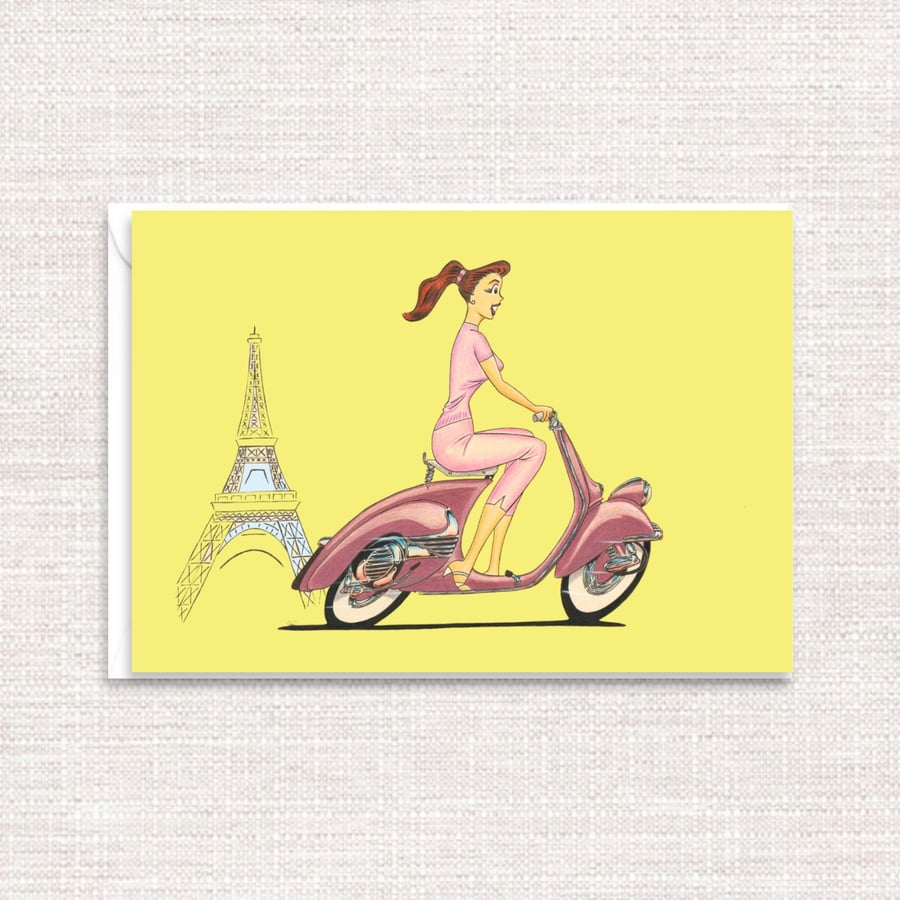 Scooter Girl Greetings Card - Mid Century Inspired Retro Art Birthday Card