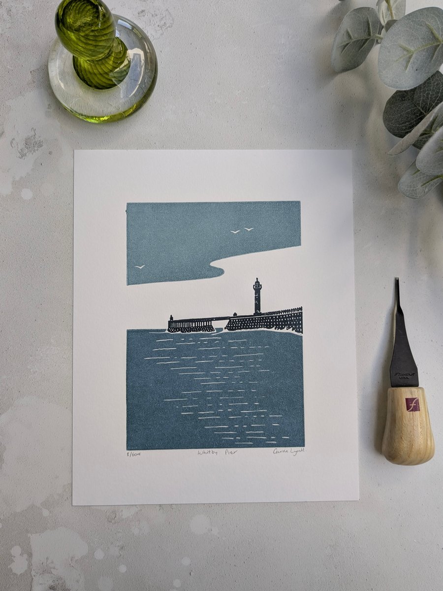Whitby Pier Print, North Yorkshire Coast Linocut Print, Limited Edition