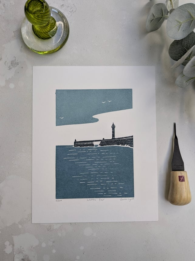 Whitby Pier Print, North Yorkshire Coast Linocut Print, Limited Edition