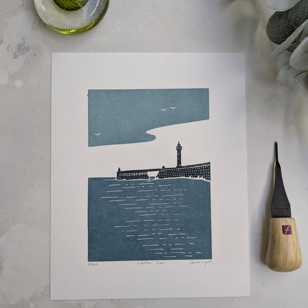 Whitby Pier Print, North Yorkshire Coast Linocut Print, Limited Edition
