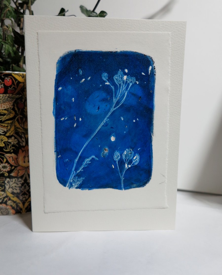 Moody blue nature inspired monoprint greetings card