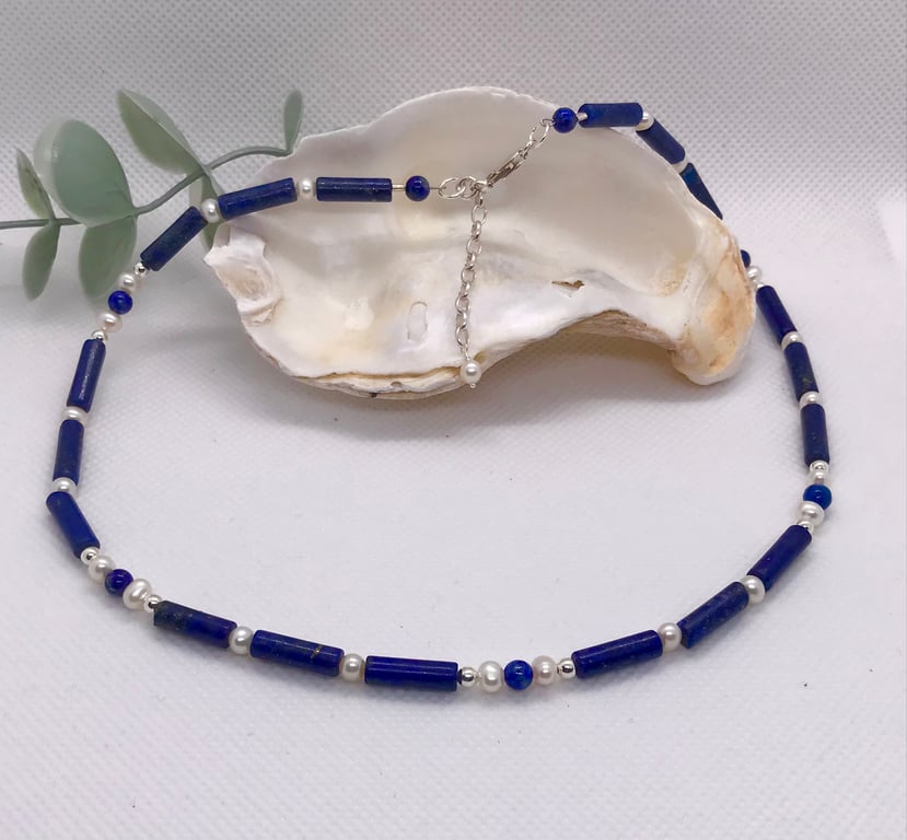 Lapis Lazuli, Pearl and silver choker necklace
