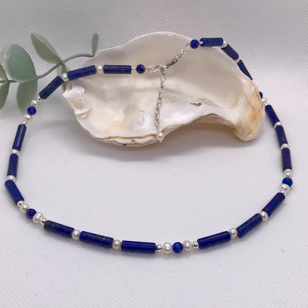 Lapis Lazuli, Pearl and silver choker necklace