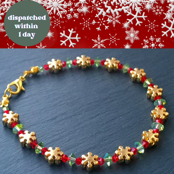 Golden Snowflake Winter Bracelet with Swarovski Crystals, Christmas Colours