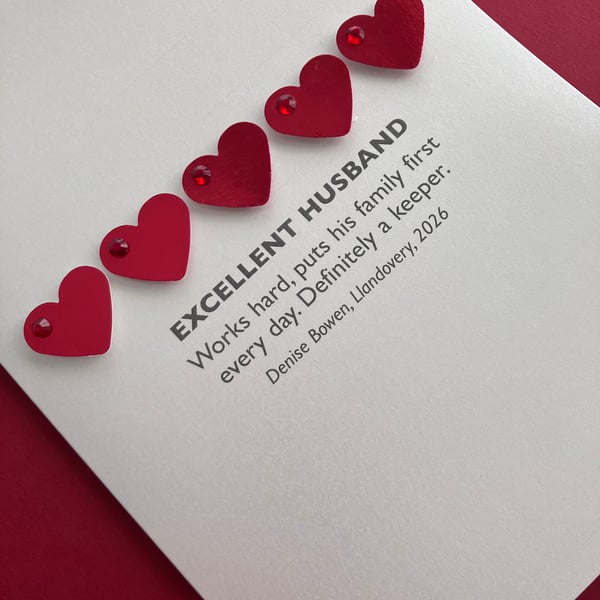 Valentine Review Style Card Personalised – embellished with diecut hearts