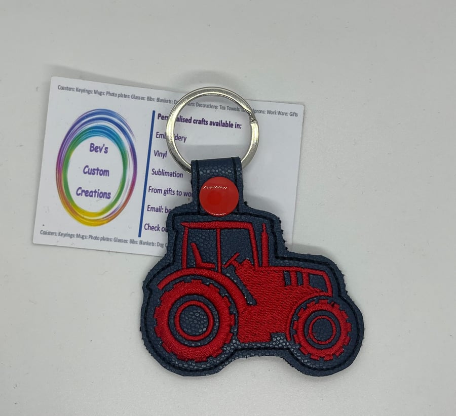 Embroidered Tractor Key ring Red