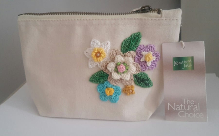 Handmade Make Up bag - Travel Toiletry case pouch - Craft Case- Crochet Flowers