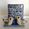 Stoneware ceramic business card holder with sculpted birds decoration