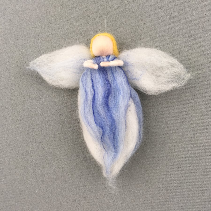 Blue woollen fairy or angel, merino wool hanging decoration