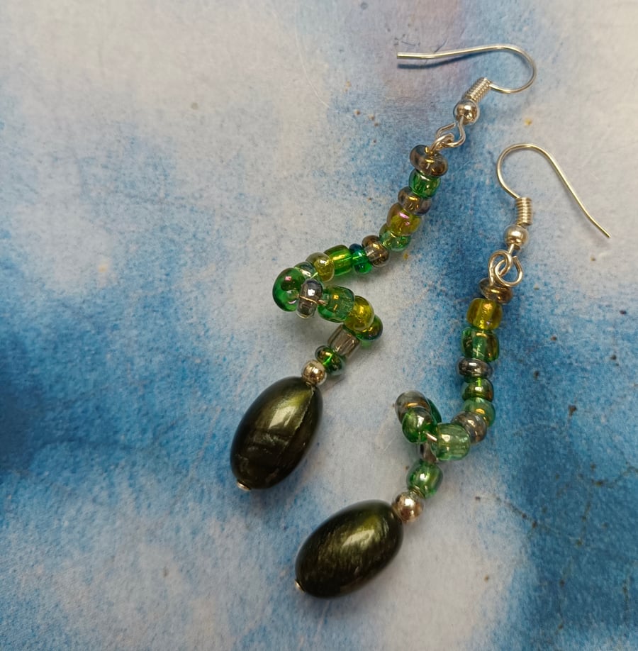 Gorgeous Green Glass Twisting Beaded Earrings