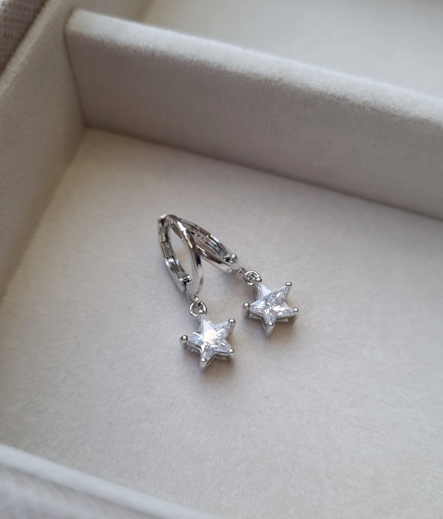 Crystal Star Silver Huggie Hoop Earrings - Christmas Collection