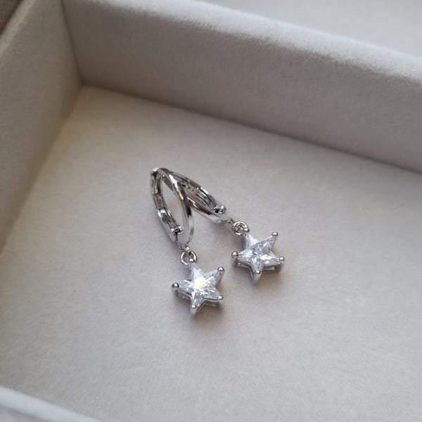 Crystal Star Silver Huggie Hoop Earrings - Christmas Collection