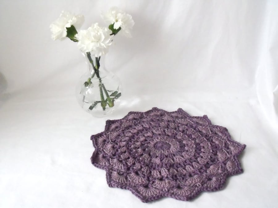 purple and lilac crocheted cotton doily, funky lilac mandala